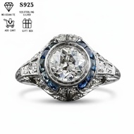 1pc Women's Wedding Ring, Vintage Blue Edged Round Halo Ring, 5.4g S925 Sterling Silver, 2ct Moissan