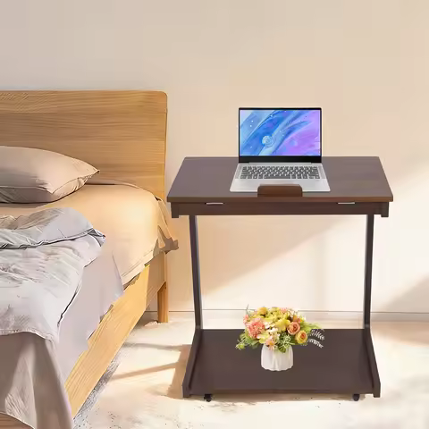 60*39*63cm Wooden C-Shaped Side Table, Sofa Side Table With Adjustable Flip Desktop, Small Rolling S