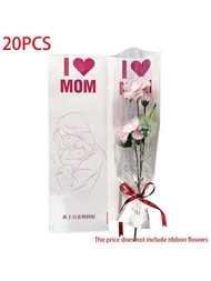 20入組透明母親節花束包裝袋,單朵玫瑰花束包裝紙和花店用緞帶