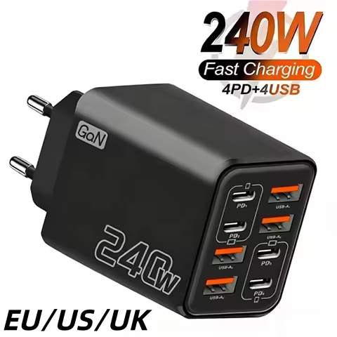 8 in 1 GaN Desktop USB Charger 240W PD 4PD 4USB for iPhone 16 15 17 Pro Samsung Xiaomi EU US UK Plug