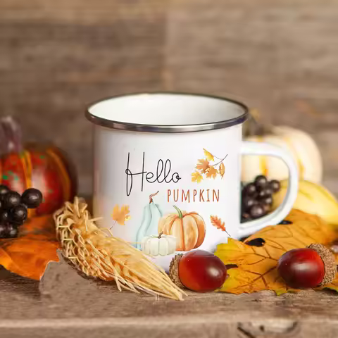 Hello Pumpkin Enamel Mug Halloween Camping Mug Gift For Grandma Mum Nana Autumn Home Decor Hygge Gif