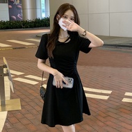 【Ready Stock】 Black Dress for Women 2025 Summer New Small Drawstring Slimming Elegant Slim Hepburn S