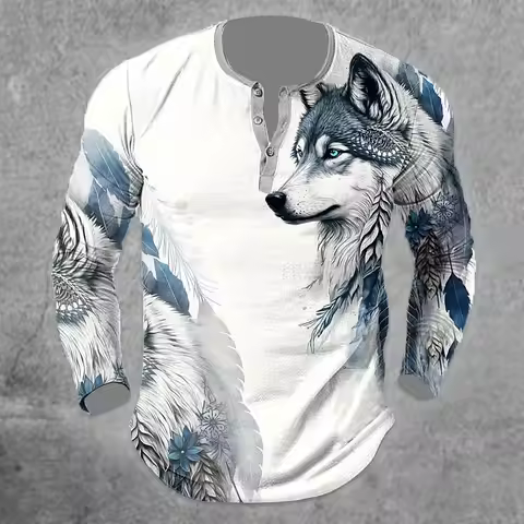 Spring Wolf Henley Shirts Animal 3D Print Streetwear Men's Casual Fashion Button-Down Long Sleeve T 