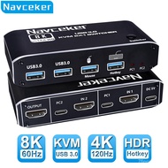 Navceker 8K KVM Switch HDMI-compatible 4K 120Hz 2 Port HD KVM Switcher Box B for Shared Monitor Keyboard And Moe Printer