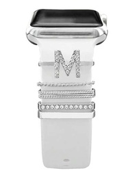 St.Siabe Letter-M 男女皆宜指環5入組，適用於Apple Watch矽膠錶帶魅力45MM 44MM 42MM 41MM 40MM 38MM，適用於 Series 8 7 6 5 4 3 2 1 系列金屬鑲嵌鑽石手環配件，適用於20mm三星華為和其他智能手錶配件