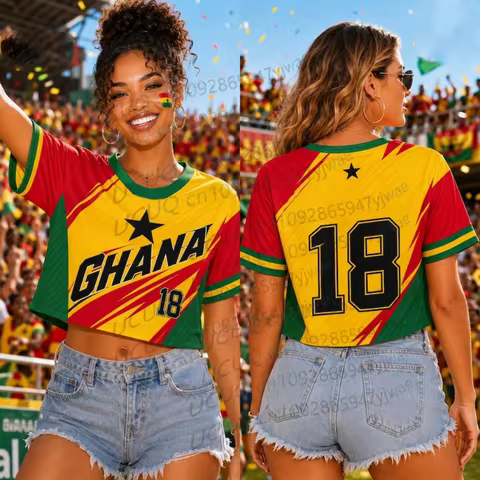 Summer 2026 New Women's Men's GHANA Print Jersey Round Neck Short Sleeve Jersey Cheerleaders Crop To