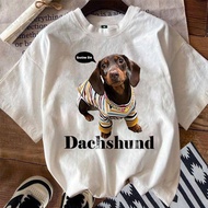 Coolbo Printed T-shirt Cartoon Dachshund Pattern Striped Clothes Erotine Sisu Dachshund