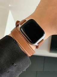 1入組女式優雅時尚棕色雙圈皮革錶帶，適用於Apple Watch Band 38/40/41/42/44/45/49mm，適用於Apple Watch Strap Double Lap Ultra/Se/9/8/7/6/5/4/3/2/1 Apple Watch配件