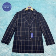 Blazer Wanita Navy Motif Garis Kotak Brand SPAO