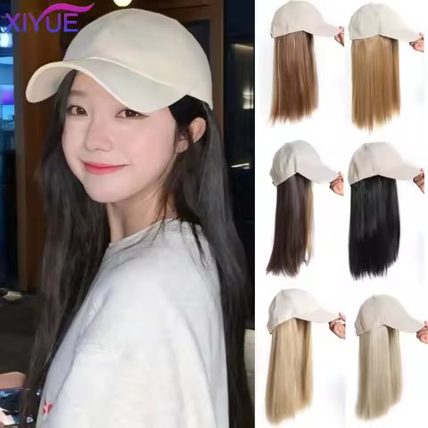 XIYUE Baseball cap wig Synthetic Wigs With White Hat Long Straight Hair Wigs For Women connect Hat O