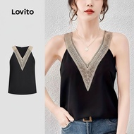 Lovito Boho Top Kasual Wanita Leher Ruffle Hitam Musim Bunga/Panas L158AD148