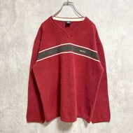 古著 NAUTICA 長袖 V 領針織毛衣，帶單一標誌刺繡，紅色，超大號，XL 碼