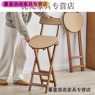 ST-🚤Zhongbohang Foldable High-Leg Stool Rattan Backrest Bar Chair Home Portable Space-Saving Dining Room High Chair GATU