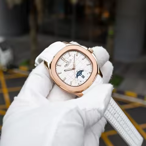 OBLVLO Men's Fashion Square Watch Rose Gold White Dial Moonphase Automatic Rubber Band Waterproof Sp