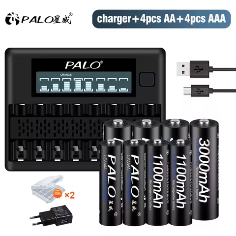 PALO 1.2V AA +AAA Rechargeable Battery 3000mAh AA LR6 Batteries 1100mAh LR3 AAA Battery+8 Slots 1.2 
