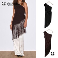 TRENDING Tassel Patchwork Top, Patchwork Design Slim Fit Asymmetrical Lady Tops, Y2K Style Skew-coll