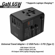 GaN 65W Universal Travel Adapter, International Charger With 2 USB Ports &amp; 3 USB-C PD Fast Charging Adaptor Wall Charger
