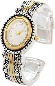 2Tone Metal Western Style Decorated Oval Face Women's Bangle Cuff Watch