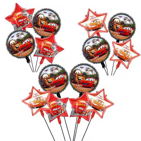 4/6Pcs 18Inch Smile Lightning McQueen Theme Foil Balloons Set Round Five-pointed Star Balloon Kids B