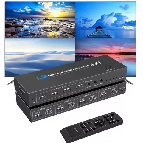 HD 4K HDMI KVM Seamless Switch 4x1 Multi-Viewer 4 in 1 Out Quad Multiviewer Support 4 Laptop PC Shar