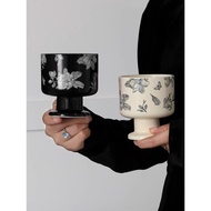 Vintage camellia black white tall mug Ceramic mug Coffee dessert mug