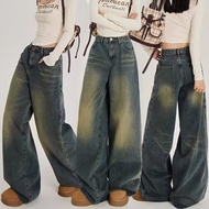 S-5XL~牛仔裤长裤Long jeans pants blue black denim straight wide leg loose Korean style highwaist casual l