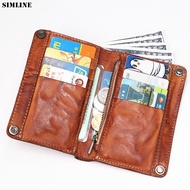 SIMLINE Genuine Leather Wallet For Men Vintage Short Bifold Men's Wallets Purse Card Holder With Zipper c0in Pocket m0ney Bag