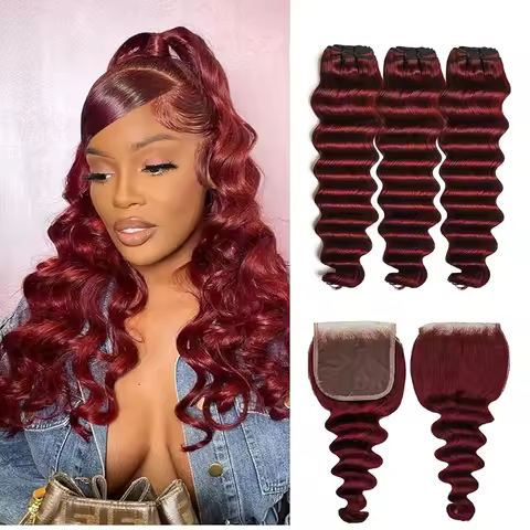 Loose Deep Wave Human Hair Bundles with Closure 99J Burgundy Bundle Human Hair with 4x4 HD Lace Clos