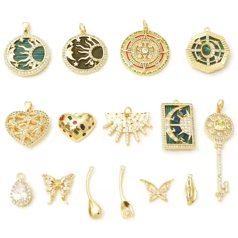 1PC Copper Micro Pave Charms Geometric Sun Moon Gold Color Metal Pendants DIY Making Necklace Bracel