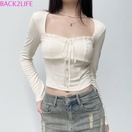 BACK2LIFE Square Neck T-shirt, Slim White Sexy Crop Top, Sweet Korean Style Bow Lace Skinny Crop Top Women