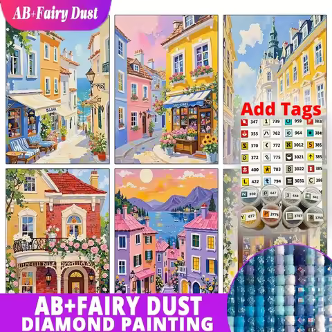 Fairy Dust AB Comes with DMC stickers Cartoon Fairy Tale World Colorful Town Scenery Diamond Paintin