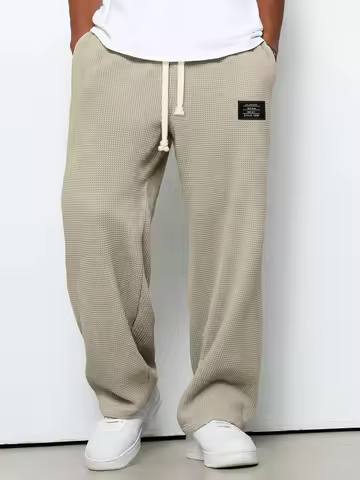2025 New Mens Waffle Casual Pants Fashion Loose Fit Baggy Pants Straight Sweatpants Elastic Waist Dr