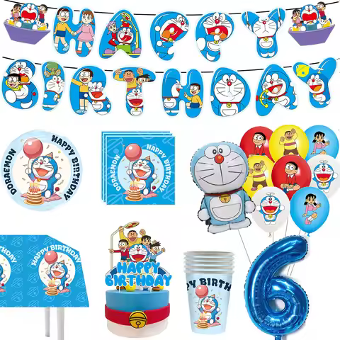Cartoon Doraemon Birthday Decoration Supplies Doraemon Peripheral Plate Paper Tissue Tablecloth Cake