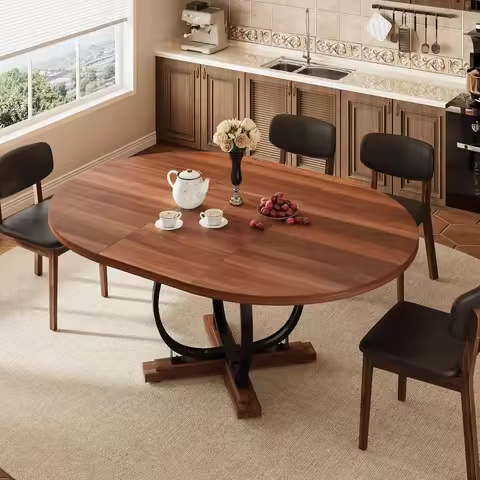 59" Extendable Round Dining Table for 4-6 People, Kitchen Table with Sturdy X-Base Metal Legs & MDF 