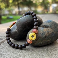 檀木川料南紅瑪瑙蜜蠟平安扣蠟線手串