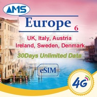 Europe esim 6 Countries 30 Days Unlimited Data Italy,Ireland,Sweden,Denmark,Austria, UK SIM Card High speed Data travel