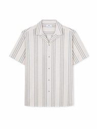 AIIZ (เอ ทู แซด) - เสื้อเชิ้ตผู้ชายแขนสั้นปกฮาวายผ้าคอตตอนลินินลายริ้ว Men's Striped Camp Collar Short Sleeve Shirts