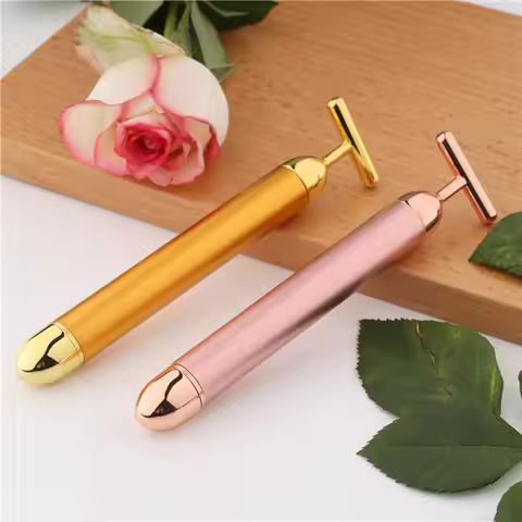 T-Shape Facial Massager Vibrating Beauty Bar 24K Electric Face Slimming Rod Golden Stick Tightening 