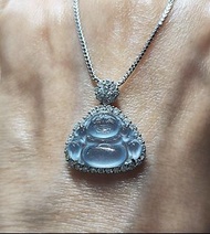 玻璃種(老料起剛) 天空藍佛公配5A巴西鋯石圍鑲+S925銀鍍K白吊咀