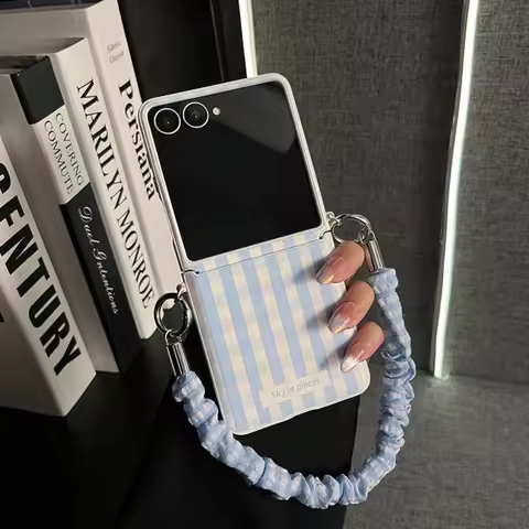 Ins Cute Fresh Blue Stripes Grid Rope Portable Phone Case for Samsung Galaxy Flip7 flip7 Zflip6 5 Zf