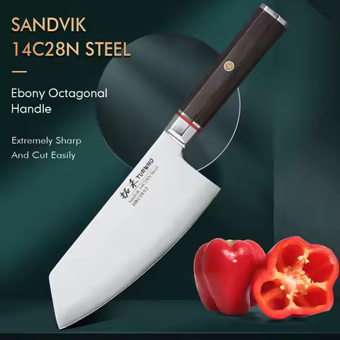 TURWHO 6.5" Sandvik 14C28N Stainless Steel Cleaver Chef Knife Cooking Meat Vegetable Knife Octagonal