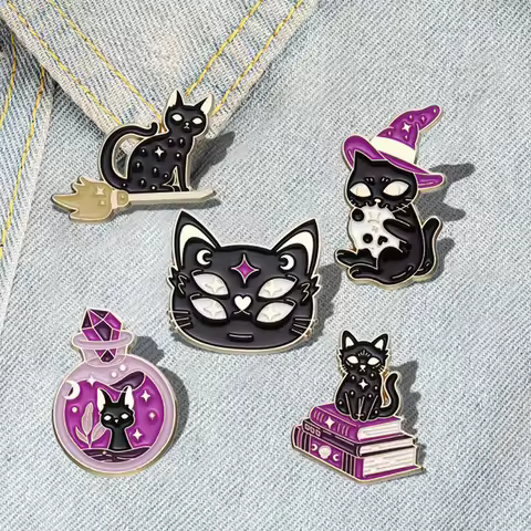 Book Magic Potion Pines Lapel Badges Gothic Animal Jewelry Gift for Friends Witch Cats Enamel Brooch