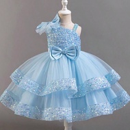 1pc Girls Blue Christmas Party Dress, Casual High-End Comfortable Sweet Cute Style, Suitable For Run