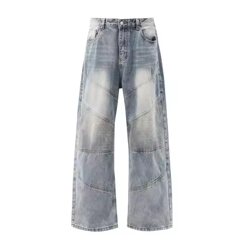 2026 Unisex Streetwear Hip Hop Baggy Straight-Leg Jeans Washed Blue Spliced Distressed Cargo Pants C