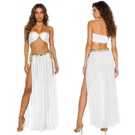 Women Sexy Belly Indian Dance Performance Costume Halter Crop Tops with High Slit Skirt And Briefs f