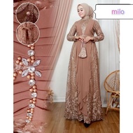 Gaun pesta original  Muslim kondangan  Dres brokat premium  Maxy tile mewah  Baju Muslimah anggun elegan  Hijab marun Muslim busui maroon lebaran