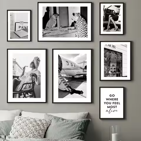 A4 9x13cm 5x7 Photo Frame With Canvas Painting Black White Luxury Fashion Woman Leopard Wine Wall Ar