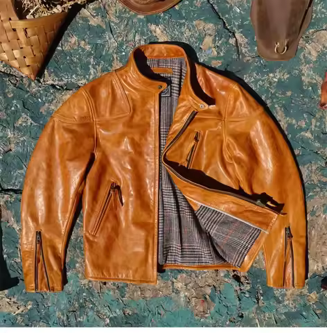 YR Shop!Top Mens.Classic Rider Leather jacket.Vintage Orange Horsehide Coat.Cool Slim fit Outwear.Us