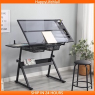 [Local][Free Ship] Drafting table drawing glass table with extra side table drawers and leather padded stool