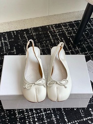 Giày Đơn Da Thật Maje MM6 Tabi Giày Bốt Mũi Nhọn Thắt Nơ Sau Giày Đế Dày 3cm Giày Đơn Phong Cách Thư